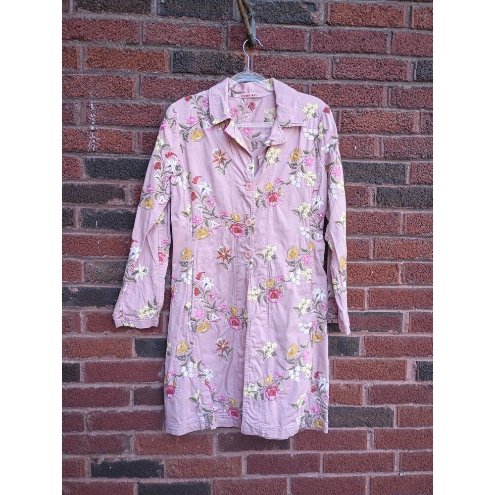 Johnny Was Women's Size Medium Long Bottom Up Jacket Pink With Floral Embroidery